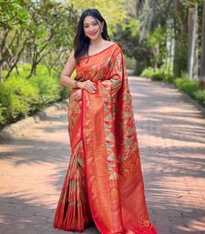 Multi Red Color Kanchipattu silk blend Weaving Saree