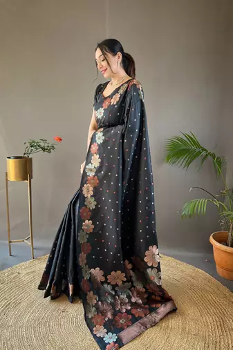 Black Colour Soft silk blend Saree With Flower Panel Weaving