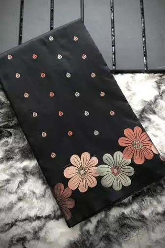 Black Colour Soft silk blend Saree With Flower Panel Weaving