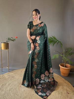 Bottle Green Colour Soft silk blend Saree With Flower Panel Weaving 1
