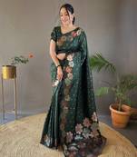 Bottle Green Colour Soft silk blend Saree With Flower Panel Weaving