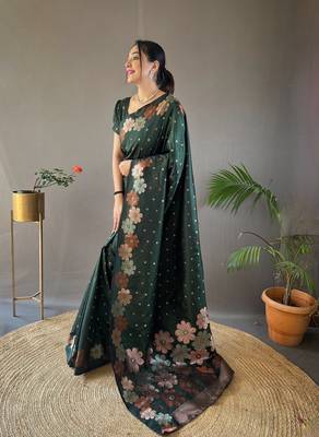 Bottle Green Colour Soft silk blend Saree With Flower Panel Weaving 3