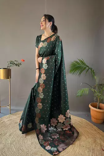 Bottle Green Colour Soft silk blend Saree With Flower Panel Weaving