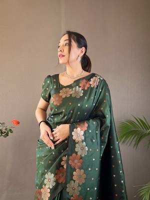 Bottle Green Colour Soft silk blend Saree With Flower Panel Weaving 4