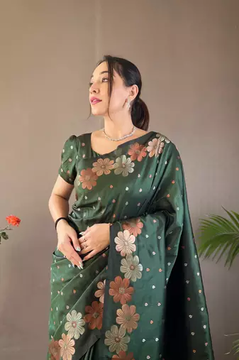 Bottle Green Colour Soft silk blend Saree With Flower Panel Weaving