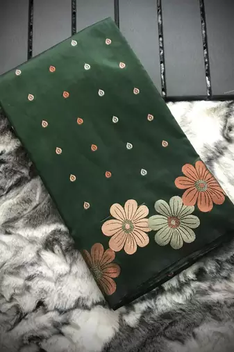 Bottle Green Colour Soft silk blend Saree With Flower Panel Weaving