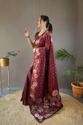 Maroon Colour Soft silk blend Saree With Flower Panel Weaving