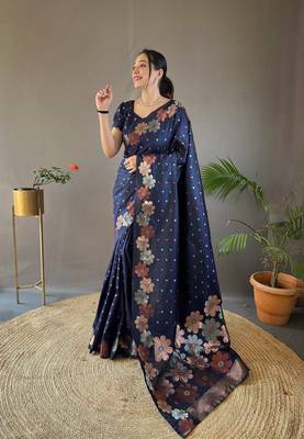 Navy Blue Colour Soft silk blend Saree With Flower Panel Weaving 1