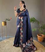 Navy Blue Colour Soft silk blend Saree With Flower Panel Weaving