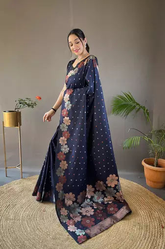 Navy Blue Colour Soft silk blend Saree With Flower Panel Weaving
