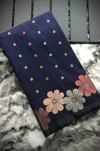 Navy Blue Colour Soft silk blend Saree With Flower Panel Weaving
