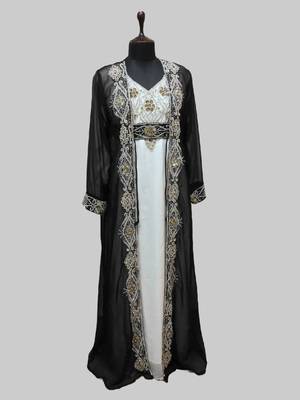 Black & White color Full Sleeves Handmade Two Piece Jacket Style Moroccan Kaftan 1