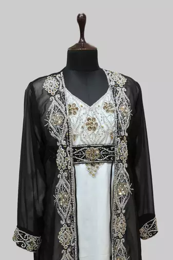 Black & White color Full Sleeves Handmade Two Piece Jacket Style Moroccan Kaftan