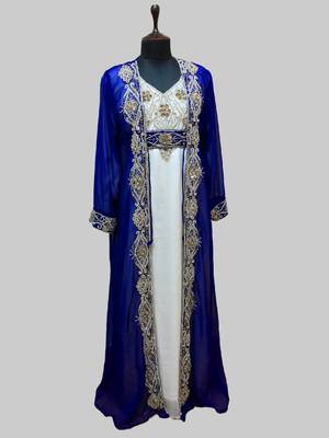 Royal Blue & White color Full Sleeves Handmade Two Piece Jacket Style Moroccan Kaftan 1