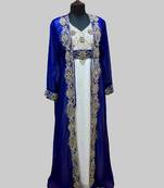 Royal Blue & White color luxurious Full Sleeves Handmade Two Piece Jacket Style Moroccan Kaftan.