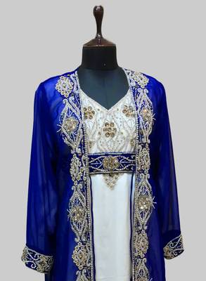 Royal Blue & White color Full Sleeves Handmade Two Piece Jacket Style Moroccan Kaftan 2
