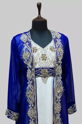 Royal Blue & White color Full Sleeves Handmade Two Piece Jacket Style Moroccan Kaftan