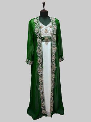 Dark Green & White color Full Sleeves Handmade Two Piece Jacket Style Moroccan Kaftan 1