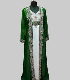 Dark Green & White color Full Sleeves Handmade Two Piece Jacket Style Moroccan Kaftan