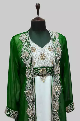 Dark Green & White color Full Sleeves Handmade Two Piece Jacket Style Moroccan Kaftan