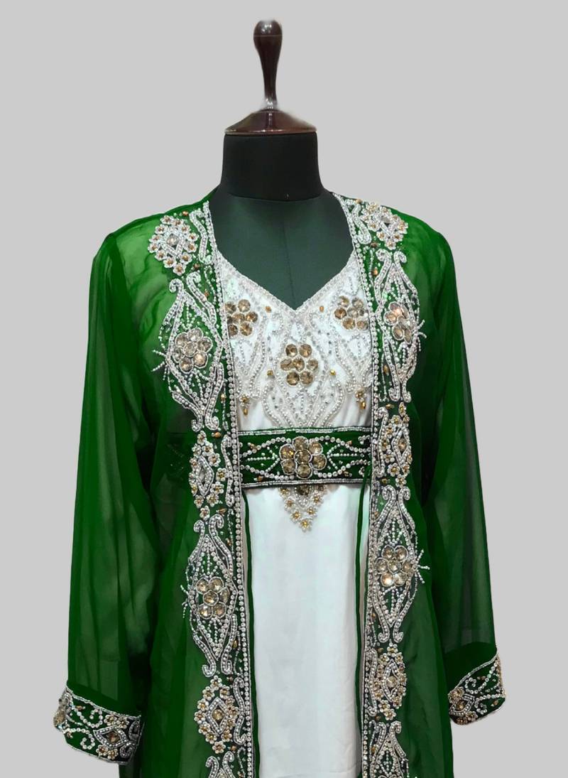 Dark Green & White color luxurious Full Sleeves Handmade Two Piece Jacket Style Moroccan Kaftan.