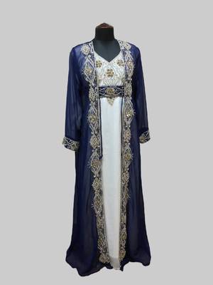 Navy Blue & White color Full Sleeves Handmade Two Piece Jacket Style Moroccan Kaftan 1