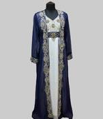 Navy Blue & White color luxurious Full Sleeves Handmade Two Piece Jacket Style Moroccan Kaftan.