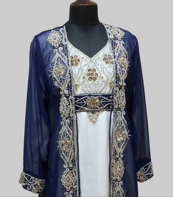 Navy Blue & White color Full Sleeves Handmade Two Piece Jacket Style Moroccan Kaftan 2