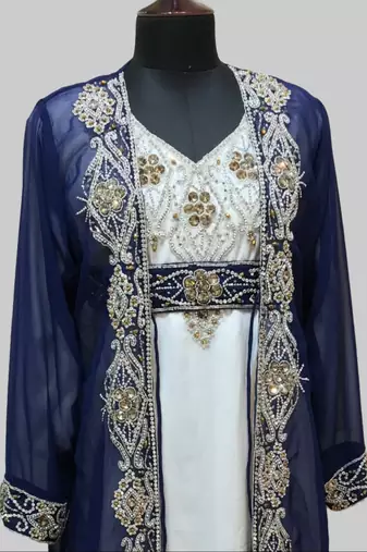 Navy Blue & White color Full Sleeves Handmade Two Piece Jacket Style Moroccan Kaftan