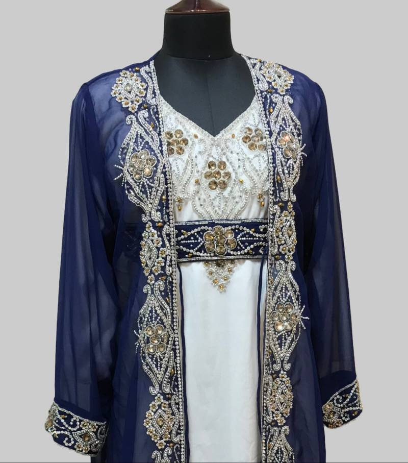 Navy Blue & White color luxurious Full Sleeves Handmade Two Piece Jacket Style Moroccan Kaftan.