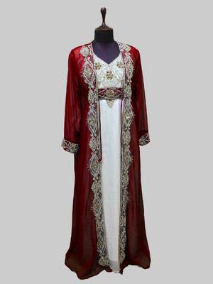 Maroon & White color Full Sleeves Handmade Two Piece Jacket Style Moroccan Kaftan 1