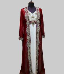 Maroon & White color Full Sleeves Handmade Two Piece Jacket Style Moroccan Kaftan