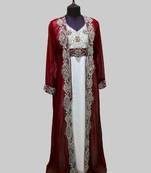 Maroon & White color luxurious Full Sleeves Handmade Two Piece Jacket Style Moroccan Kaftan.