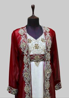 Maroon & White color Full Sleeves Handmade Two Piece Jacket Style Moroccan Kaftan 2