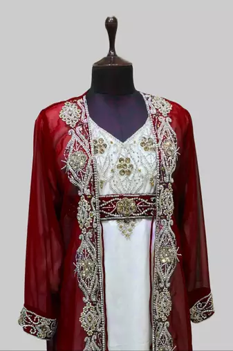 Maroon & White color Full Sleeves Handmade Two Piece Jacket Style Moroccan Kaftan