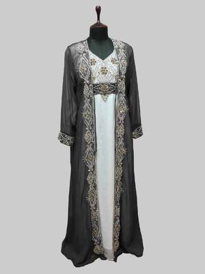 Gray & White color Full Sleeves Handmade Two Piece Jacket Style Moroccan Kaftan 1