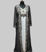 Gray & White color luxurious Full Sleeves Handmade Two Piece Jacket Style Moroccan Kaftan.