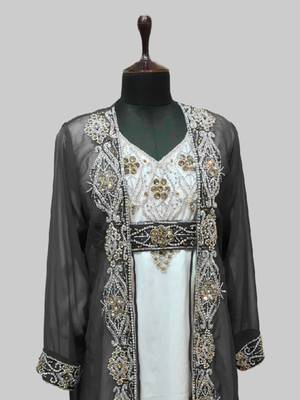 Gray & White color Full Sleeves Handmade Two Piece Jacket Style Moroccan Kaftan 2