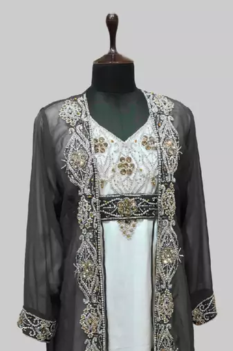 Gray & White color Full Sleeves Handmade Two Piece Jacket Style Moroccan Kaftan