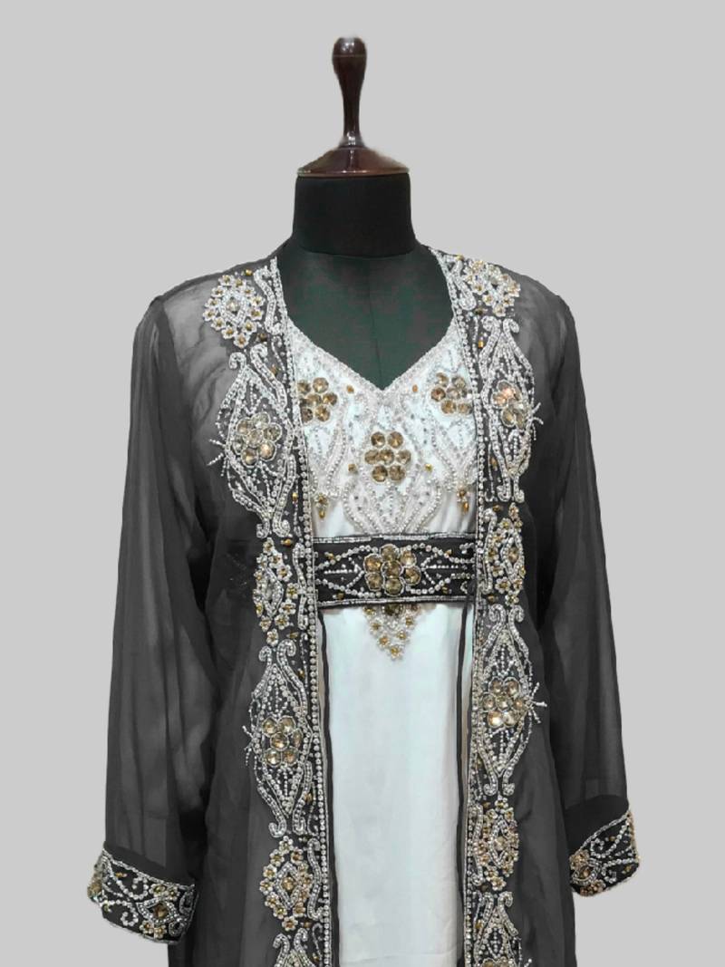 Gray & White color luxurious Full Sleeves Handmade Two Piece Jacket Style Moroccan Kaftan.