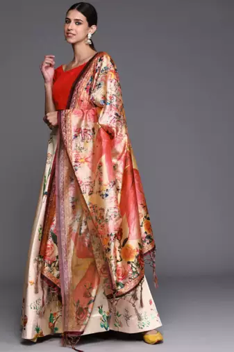 White Satin Silk Lehenga Choli Set With Dupatta