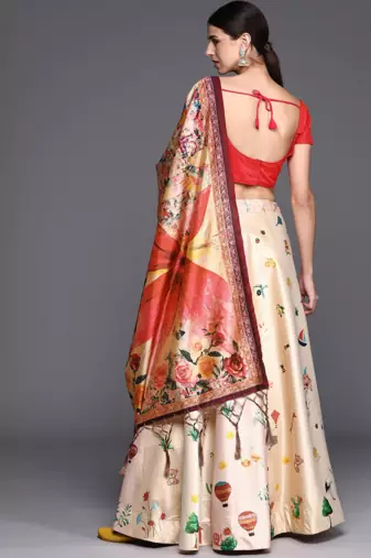 White Satin Silk Lehenga Choli Set With Dupatta