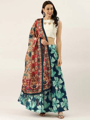 Blue Satin Silk Lehenga Choli Set With Dupatta 1