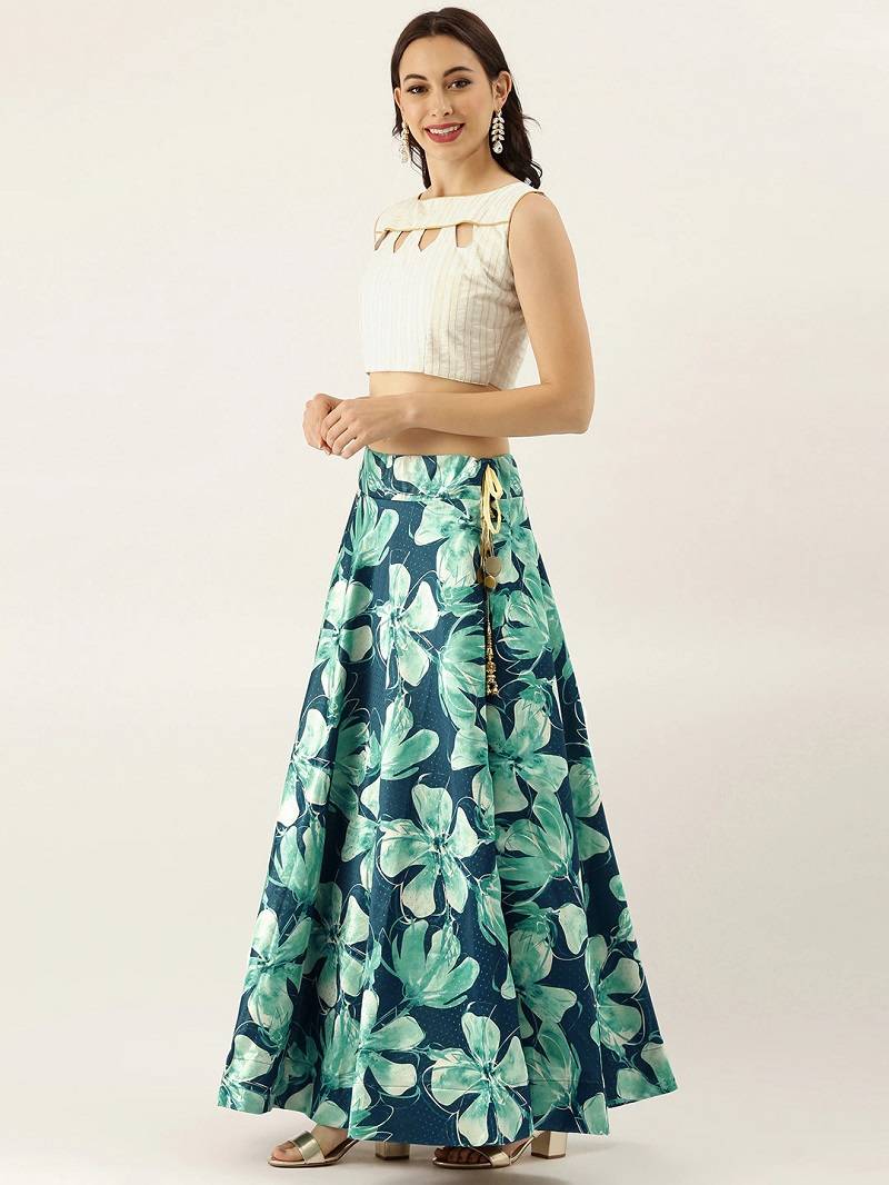 Blue Satin Silk Lehenga Choli Set With Dupatta