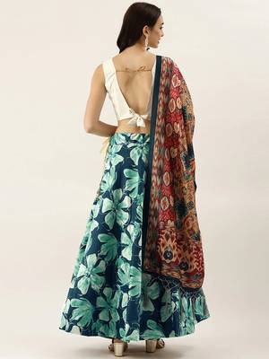 Blue Satin Silk Lehenga Choli Set With Dupatta 3