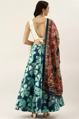 Blue Satin Silk Lehenga Choli Set With Dupatta