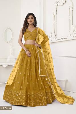 Women's Mustard Yellow Butterfly Net With Tone Thread Work And Sandwich Embroidered Work Lehenga Choli For Wedding 1