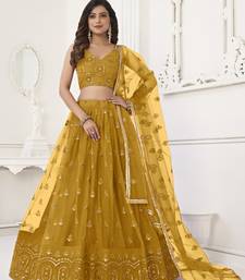 Women's Mustard Yellow Butterfly Net With Tone Thread Work And Sandwich Embroidered Work Lehenga Choli For Wedding