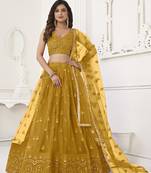 Women's Mustard Yellow Butterfly Net With Tone Thread Work And Sandwich Embroidered Work Lehenga Choli For Wedding