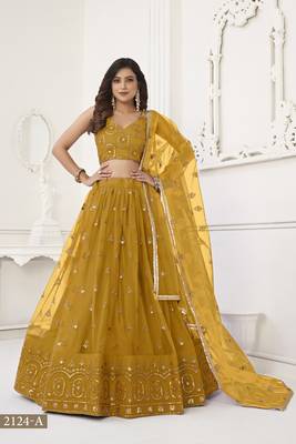 Women's Mustard Yellow Butterfly Net With Tone Thread Work And Sandwich Embroidered Work Lehenga Choli For Wedding 2